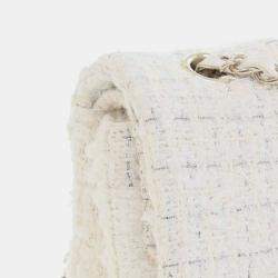 Pre Owned Chanel White Medium Classic Tweed Double Flap