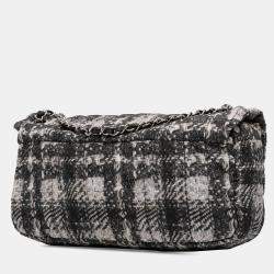 Pre Owned Chanel Black Grey CC Tweed Print Nylon Single Flap