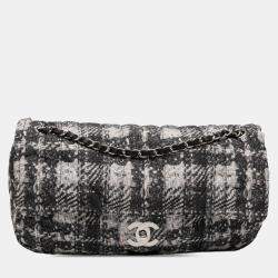 Pre Owned Chanel Black Grey CC Tweed Print Nylon Single Flap