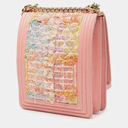 Pre Owned Chanel Pink Quilted Tweed and Calfskin North South Boy Flap