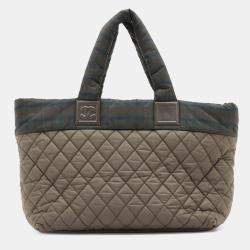 Pre Owned Chanel Brown Green Medium Quilted Nylon Coco Cocoon Tote