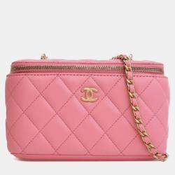 Pre Owned Chanel Pink Small Quilted Lambskin Pearl Crush Vanity Case with Chain