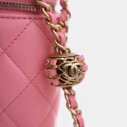 Pre Owned Chanel Pink Small Quilted Lambskin Pearl Crush Vanity Case with Chain