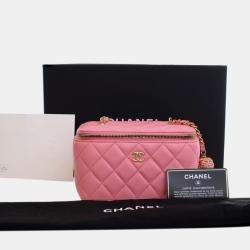 Pre Owned Chanel Pink Small Quilted Lambskin Pearl Crush Vanity Case with Chain