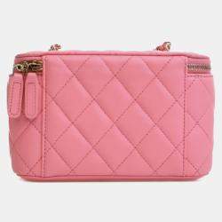 Pre Owned Chanel Pink Small Quilted Lambskin Pearl Crush Vanity Case with Chain