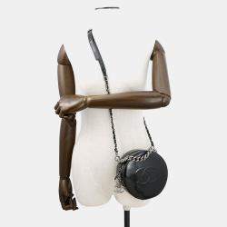Pre Owned Chanel Double Chain Round Shoulder Bag Black Patent Leather