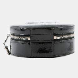 Pre Owned Chanel Double Chain Round Shoulder Bag Black Patent Leather