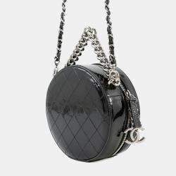 Pre Owned Chanel Double Chain Round Shoulder Bag Black Patent Leather