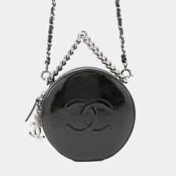 Pre Owned Chanel Double Chain Round Shoulder Bag Black Patent Leather