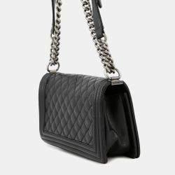 Pre Owned Chanel Boy Chanel Matelasse Shoulder Bag Black Leather