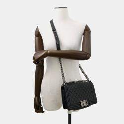 Pre Owned Chanel Boy Chanel Matelasse Shoulder Bag Black Leather