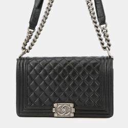 Pre Owned Chanel Boy Chanel Matelasse Shoulder Bag Black Leather