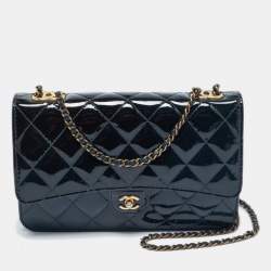 Pre Owned Chanel Navy Blue Quilted Patent Leather WOC Bag