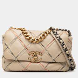 Pre Owned Chanel Brown Medium Lambskin Stitched 19 Flap