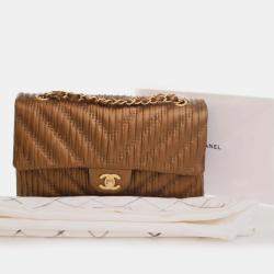 Pre Owned Chanel Brown Medium Classic Chevron Calfskin Pleated Double Flap