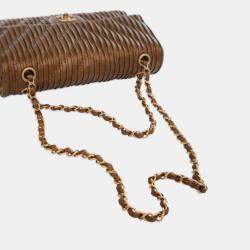 Pre Owned Chanel Brown Medium Classic Chevron Calfskin Pleated Double Flap