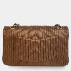 Pre Owned Chanel Brown Medium Classic Chevron Calfskin Pleated Double Flap