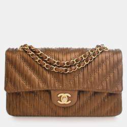 Pre Owned Chanel Brown Medium Classic Chevron Calfskin Pleated Double Flap