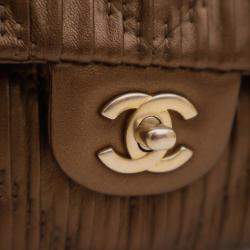 Pre Owned Chanel Brown Medium Classic Chevron Calfskin Pleated Double Flap
