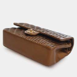 Pre Owned Chanel Brown Medium Classic Chevron Calfskin Pleated Double Flap