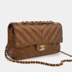 Pre Owned Chanel Brown Medium Classic Chevron Calfskin Pleated Double Flap