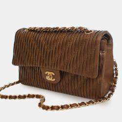 Pre Owned Chanel Brown Medium Classic Chevron Calfskin Pleated Double Flap