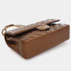 Pre Owned Chanel Brown Medium Classic Chevron Calfskin Pleated Double Flap