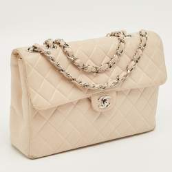 Pre Owned Chanel Beige Quilted Leather Jumbo Vintage Classic Single Flap Bag