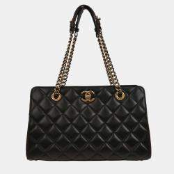 Pre Owned Chanel Black Lambskin Tote Chain Handbag
