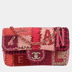 Pre Owned Chanel Pink Tweed Single Flap Patchwork Shoulder Bag