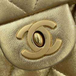 Pre Owned Chanel Gold Mini Square Classic Lambskin Single Flap