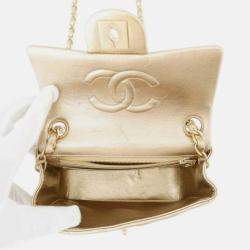 Pre Owned Chanel Gold Mini Square Classic Lambskin Single Flap