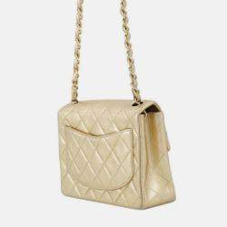 Pre Owned Chanel Gold Mini Square Classic Lambskin Single Flap