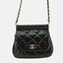 Pre Owned Chanel Black CC Quilted Patent Frame Flap Clutch with Chain