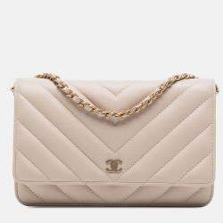 Pre Owned Chanel Beige Brown CC Chevron Caviar Ancient Greek Charms Wallet On Chain