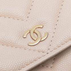 Pre Owned Chanel Beige Brown CC Chevron Caviar Ancient Greek Charms Wallet On Chain