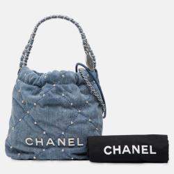 Pre Owned Chanel Blue Mini Denim Studded 22 Handbag