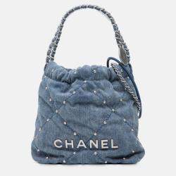 Pre Owned Chanel Blue Mini Denim Studded 22 Handbag