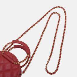 Pre Owned Chanel Red Quilted Caviar Round Woven Chain Top Handle Bag