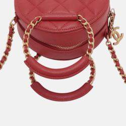 Pre Owned Chanel Red Quilted Caviar Round Woven Chain Top Handle Bag