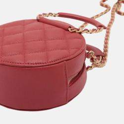Pre Owned Chanel Red Quilted Caviar Round Woven Chain Top Handle Bag
