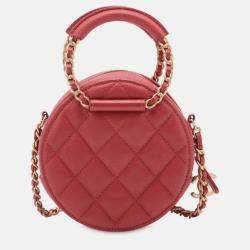Pre Owned Chanel Red Quilted Caviar Round Woven Chain Top Handle Bag