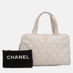 Pre Owned Chanel White CC Lambskin Wild Stitch Handbag