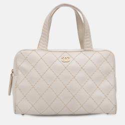 Pre Owned Chanel White CC Lambskin Wild Stitch Handbag