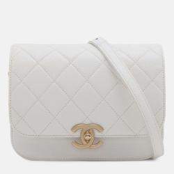 Pre Owned Chanel White CC Quilted Caviar Flap Crossbody