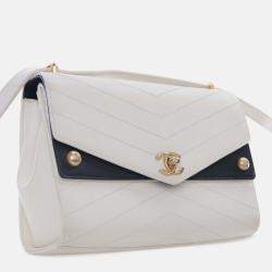 Pre Owned Chanel White Medium Chevron Calfskin Casual Trip Flap