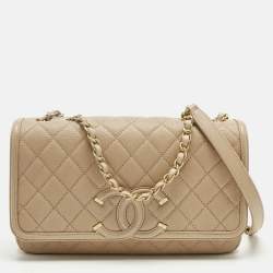 Pre Owned Chanel Blush Pink Quilted Caviar Leather Medium CC Filigree Flap Bag