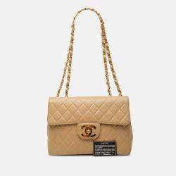 Pre Owned Chanel Beige Jumbo XL Classic Lambskin Single Flap
