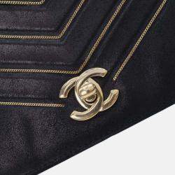 Pre Owned Chanel Black Chevron Nubuck Micro Chain Embellished Flap
