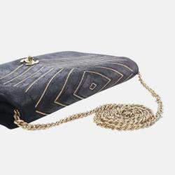 Pre Owned Chanel Black Chevron Nubuck Micro Chain Embellished Flap